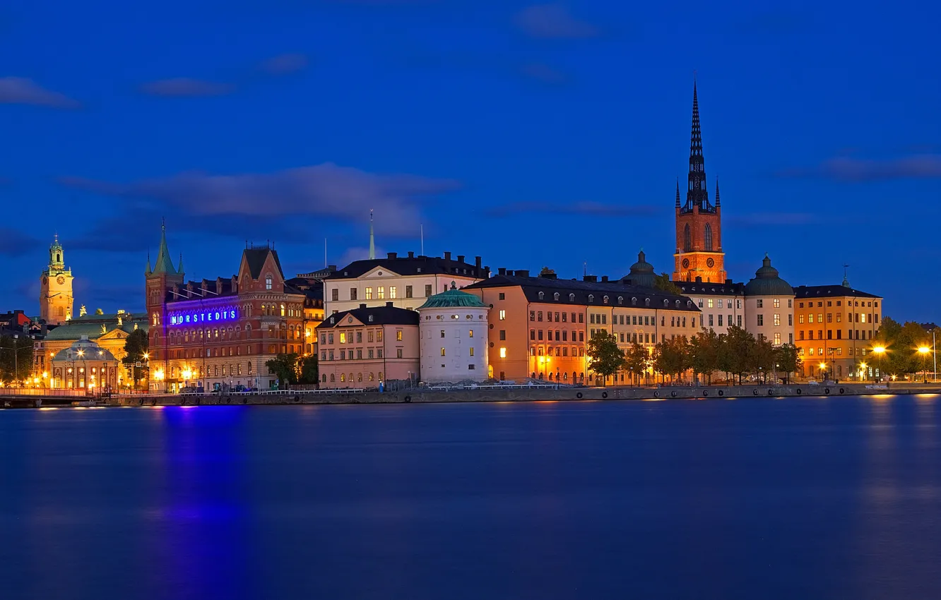 Photo wallpaper sea, night, lights, home, Stockholm, Sweden