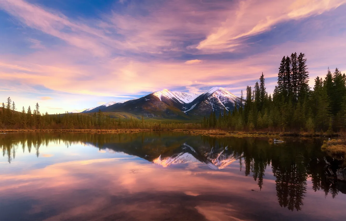 Photo wallpaper lake, Canada, Albert, Banff National Park, Alberta, Canada, sunset, the reflection in the water