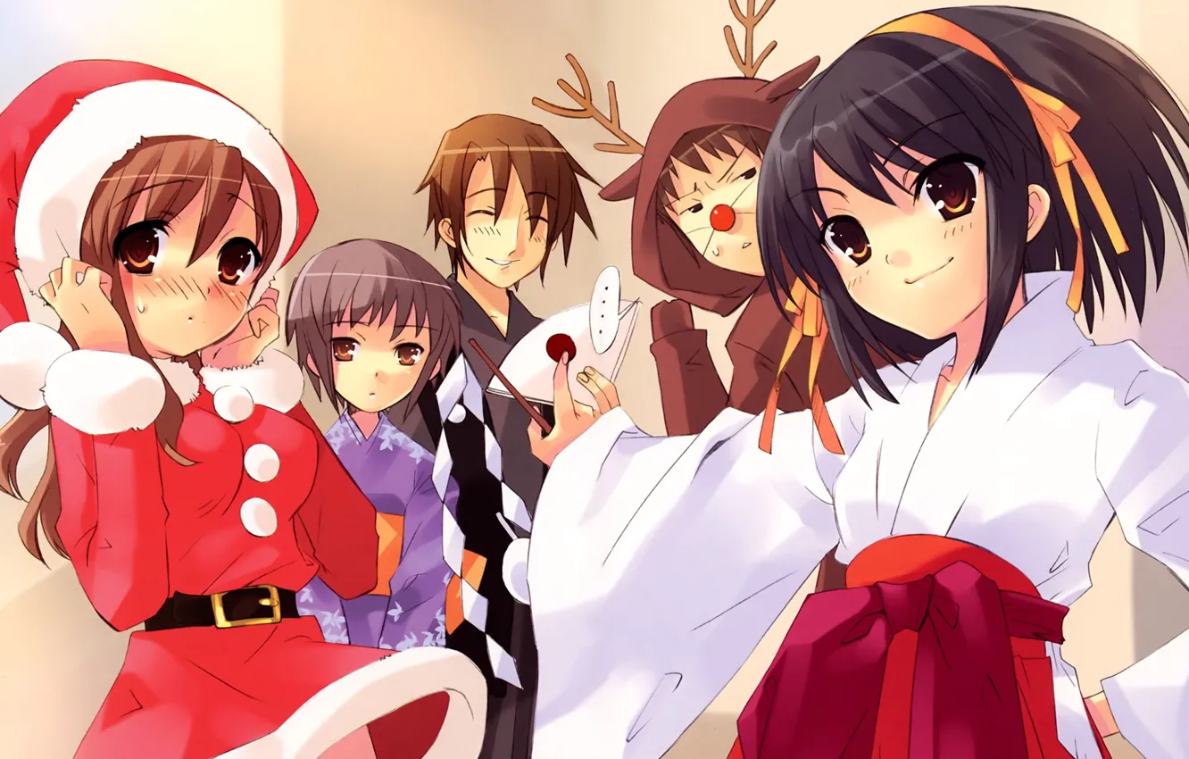 Photo wallpaper smile, deer, Christmas, blush, fur, friends, horns, The Melancholy Of Haruhi Suzumiya