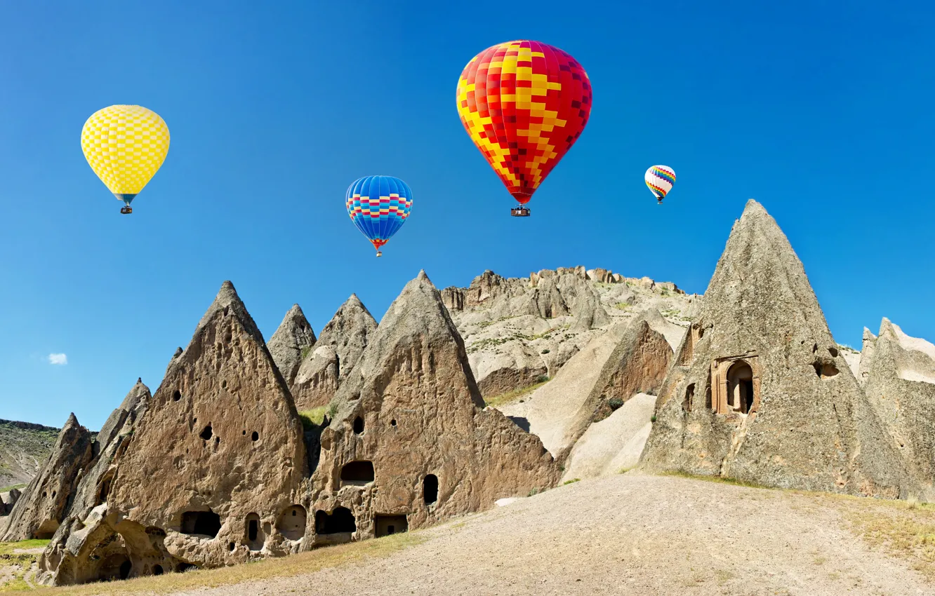 Photo wallpaper the sky, the sun, balloons, stones, rocks, colorful, Turkey, Cappadocia