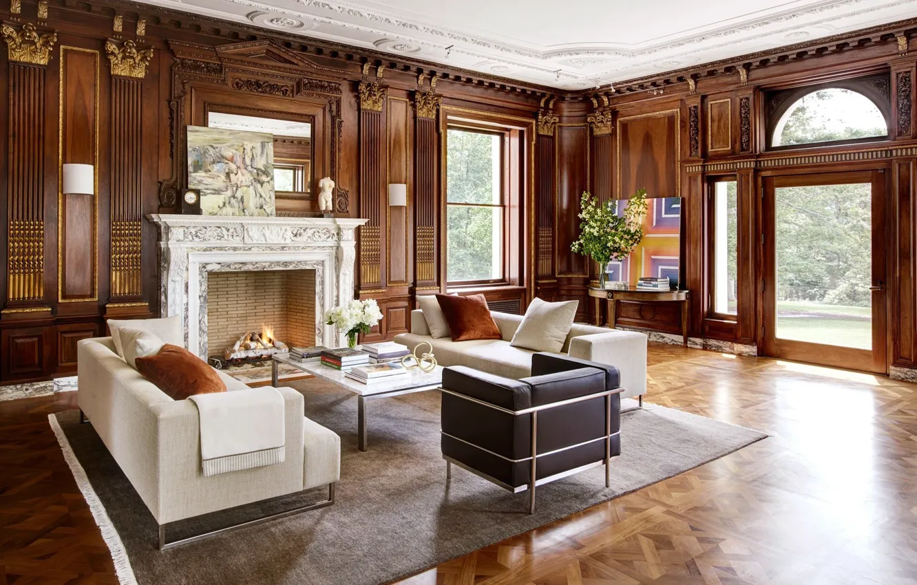 Photo wallpaper Villa, interior, fireplace, living room, New Jersey, mansion, Selldorf