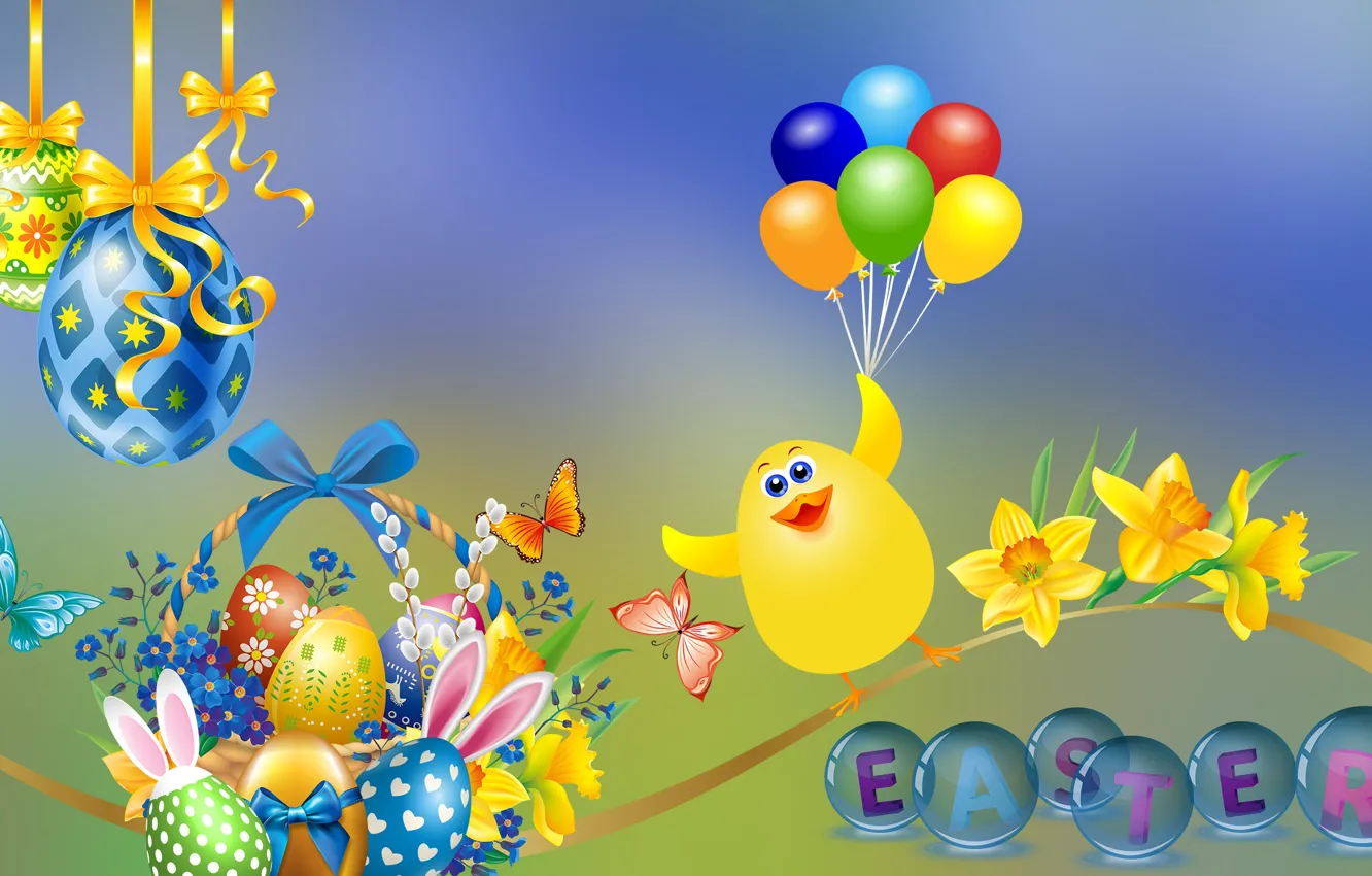 Photo wallpaper Flowers, Balony, Easter, Easter eggs, Chicken