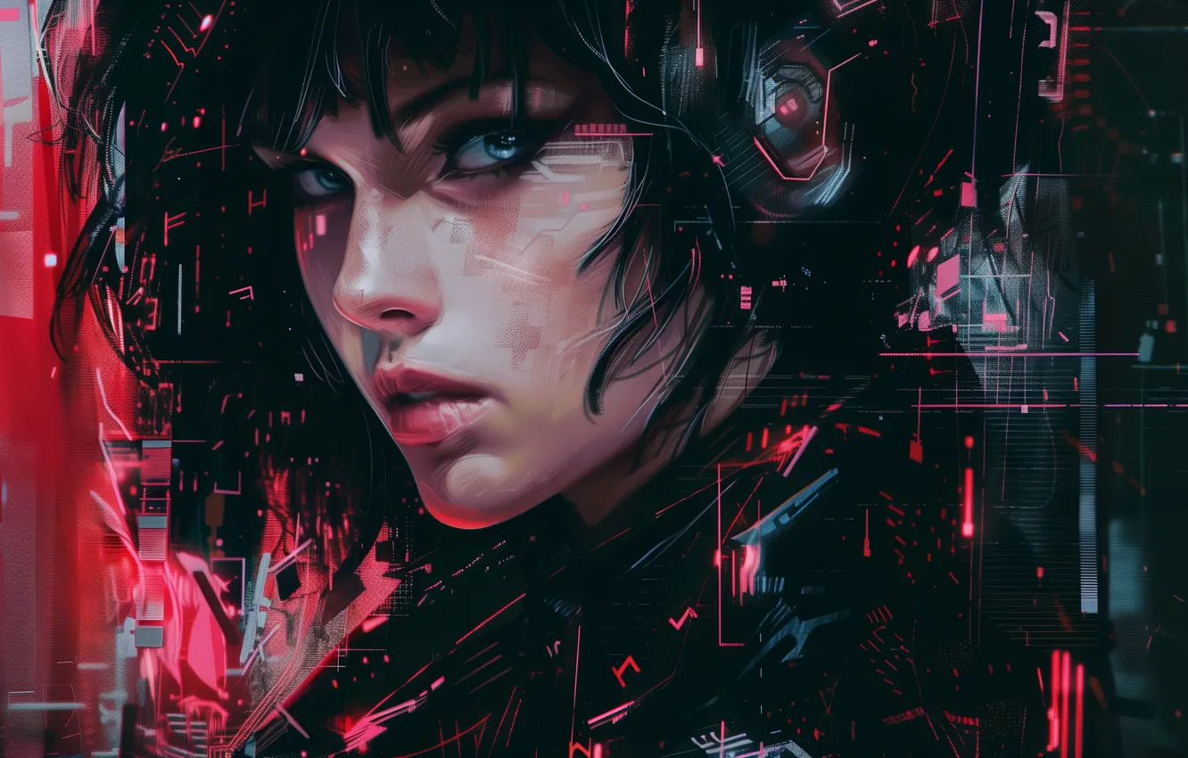 Photo wallpaper red, anime, women, Cyberpunk, AI Art