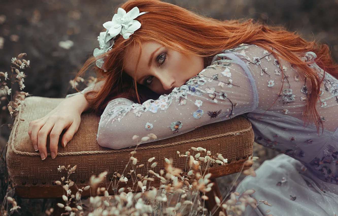 Photo wallpaper grass, look, flowers, pose, makeup, dress, hairstyle, beauty