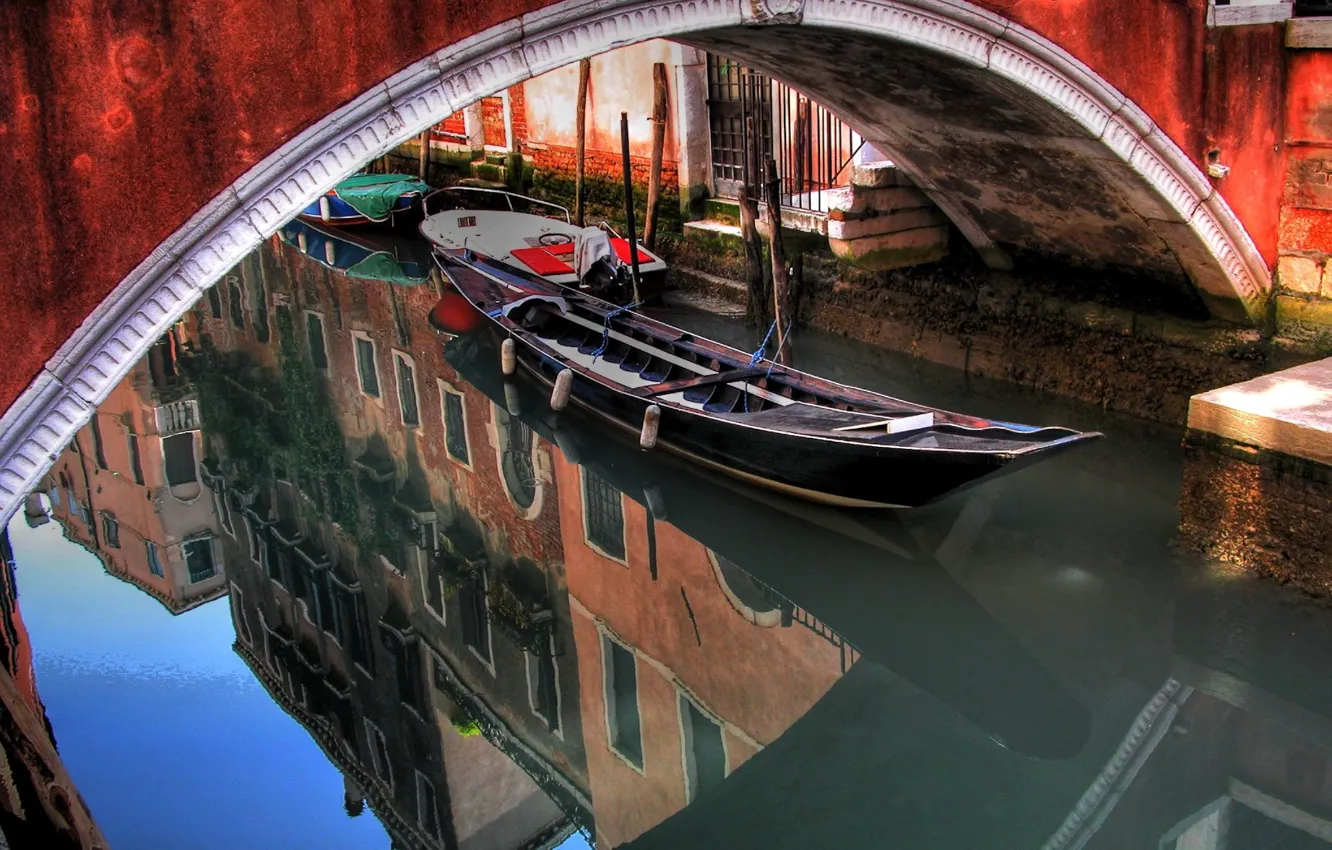 Photo wallpaper water, bridge, reflection, boat, arch