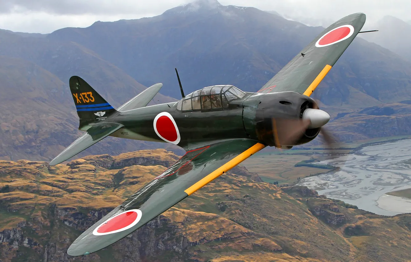 Photo wallpaper flight, retro, the plane, landscape, fighter, pilot, Mitsubishi A6M