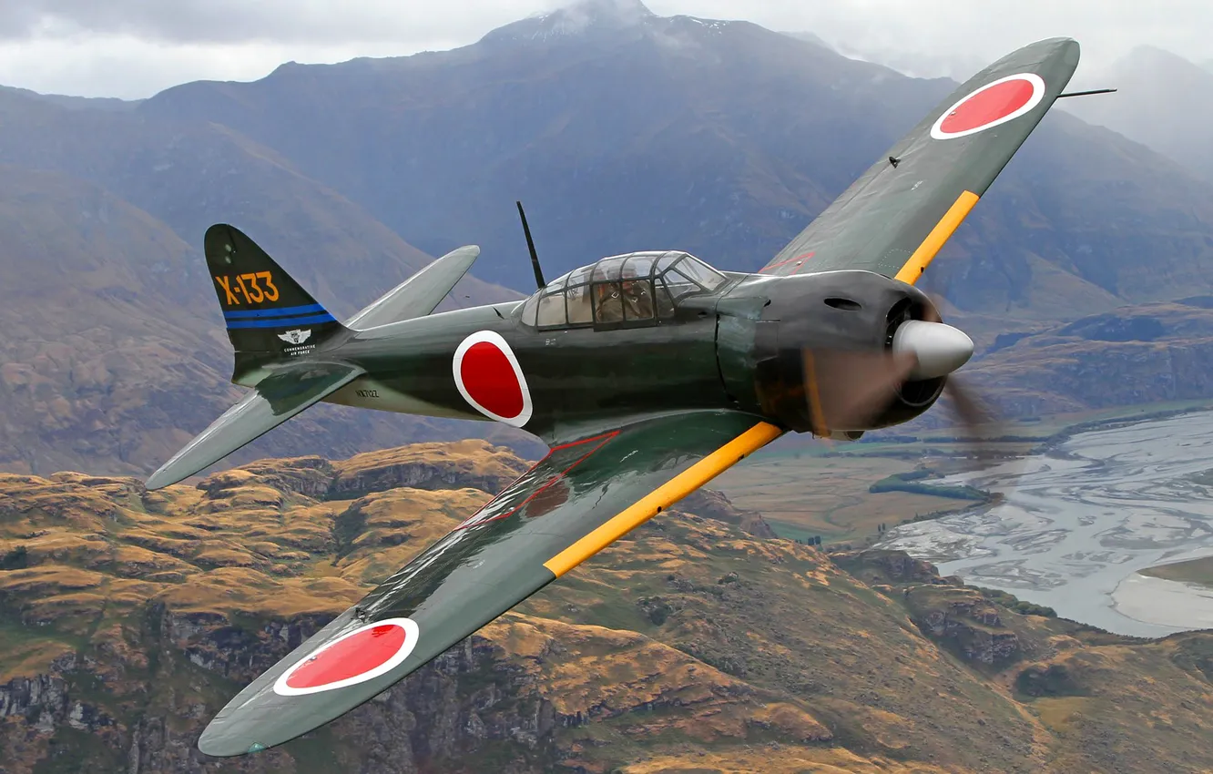 Photo wallpaper flight, retro, landscape, fighter, pilot, the plane, Mitsubishi A6M
