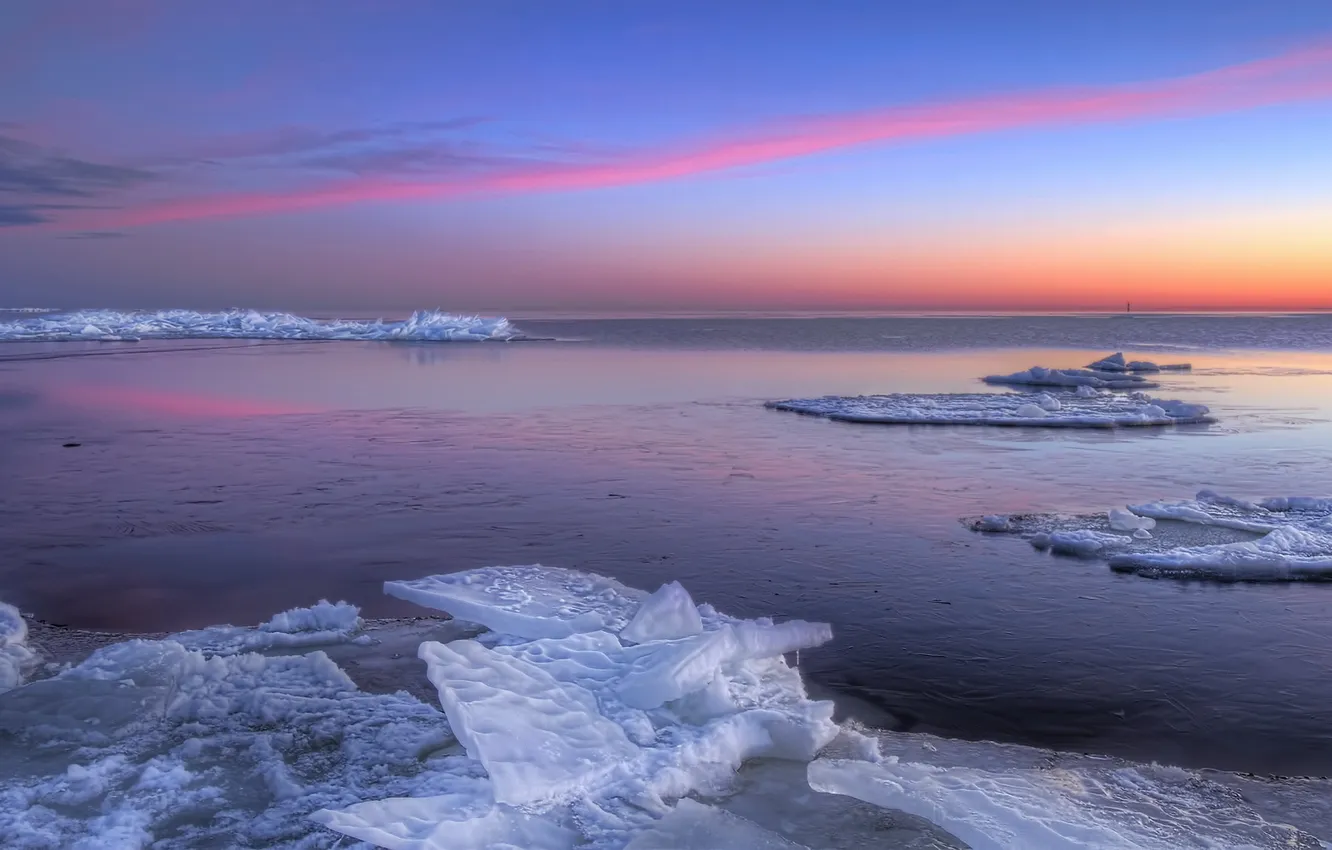 Photo wallpaper sea, landscape, sunset, ice