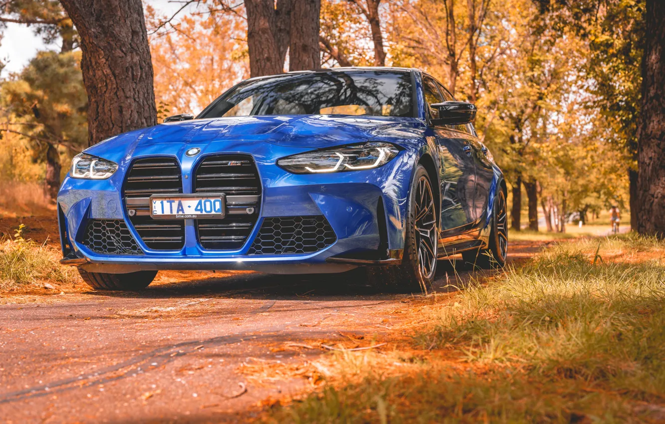 Photo wallpaper BMW, Blue, Front, Autumn, BMW M3, Road, Forest, G80