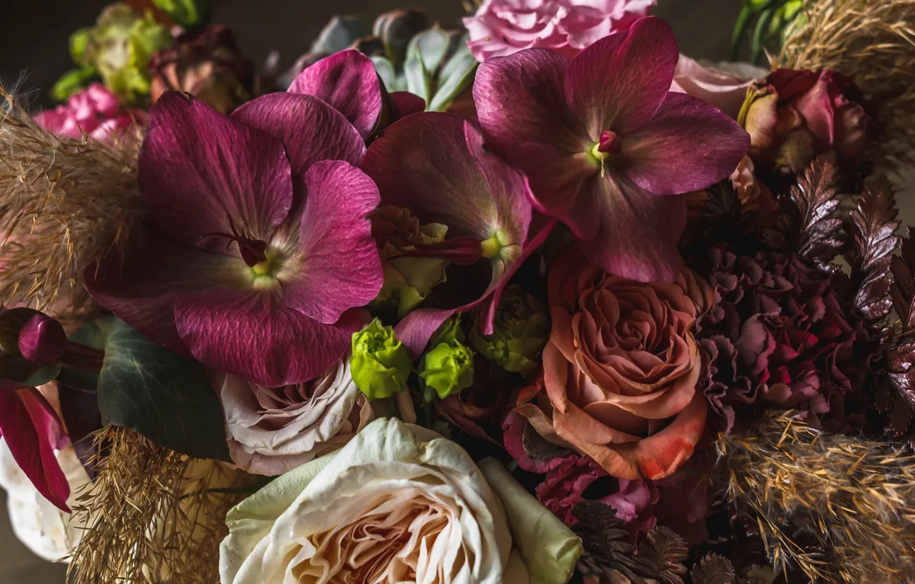 Photo wallpaper macro, roses, bouquet, clove