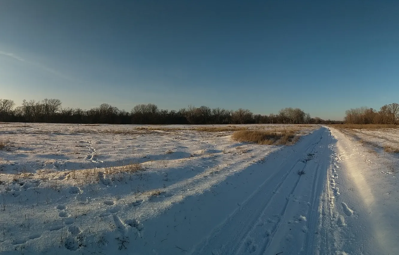 Photo wallpaper winter, road, the sky, traces, frost
