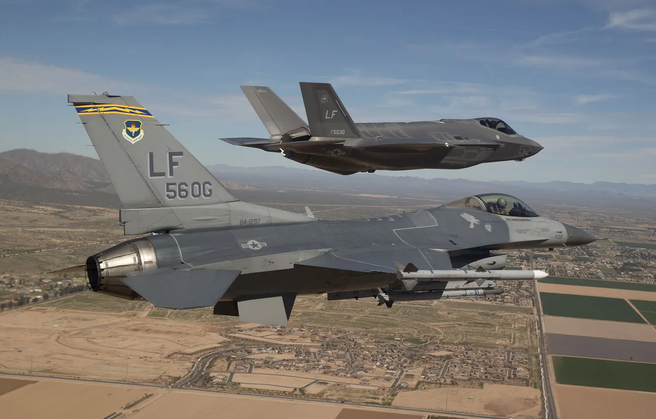 Photo wallpaper fighters, F-16, Fighting Falcon, Lightning II, F-35, "Fighting Falcon"