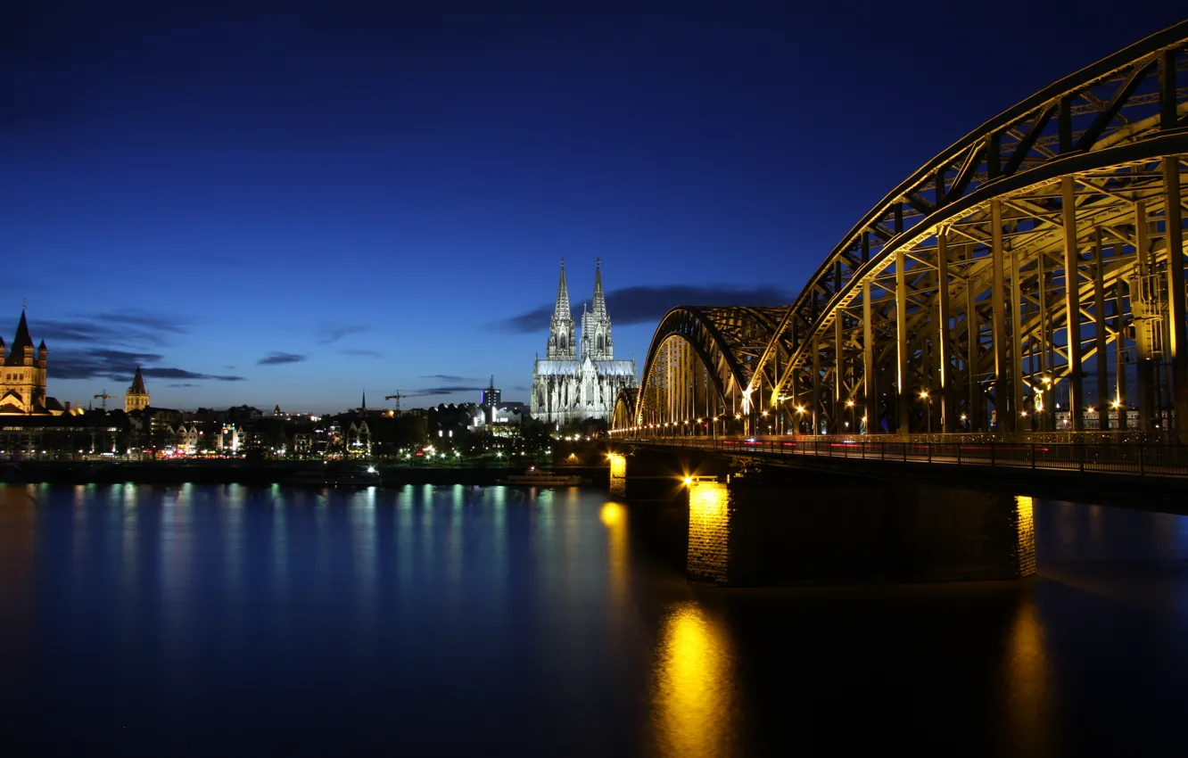 Photo wallpaper bridge, reflection, river, building, the evening, Germany, backlight, architecture