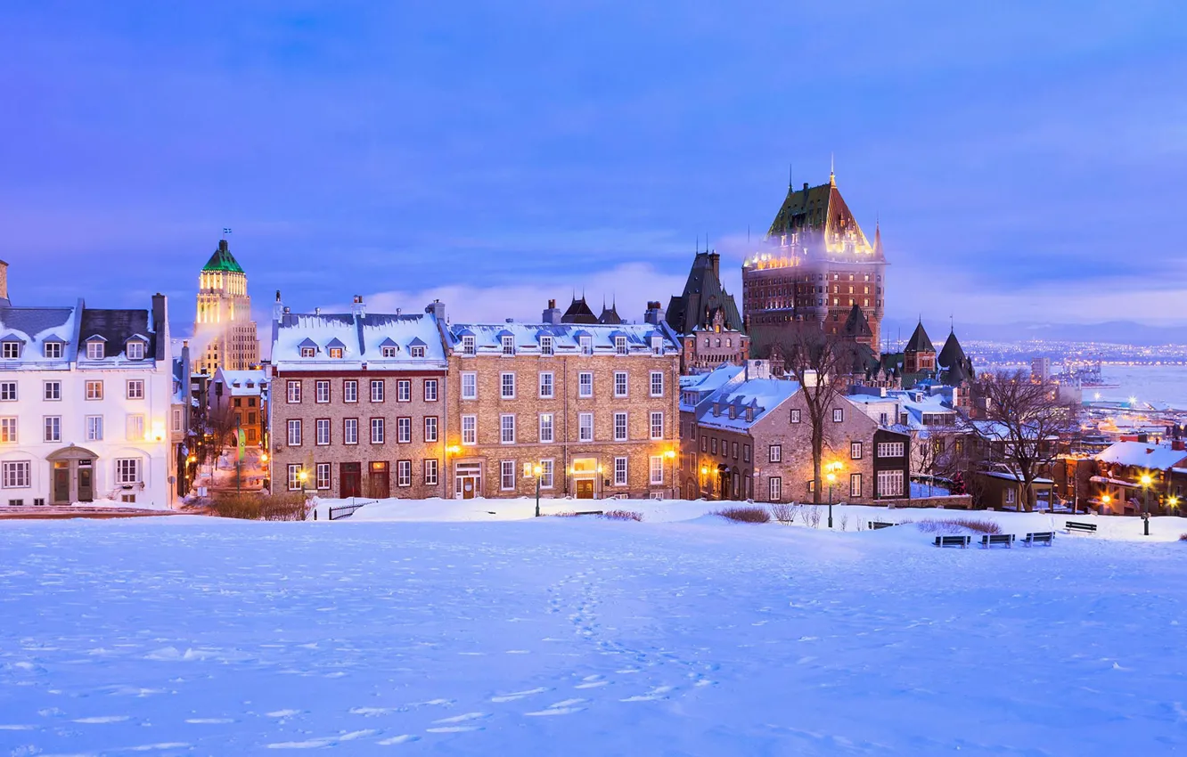 Photo wallpaper winter, snow, home, Canada, QC, Chateau Frontenac, Saint-Denis Street