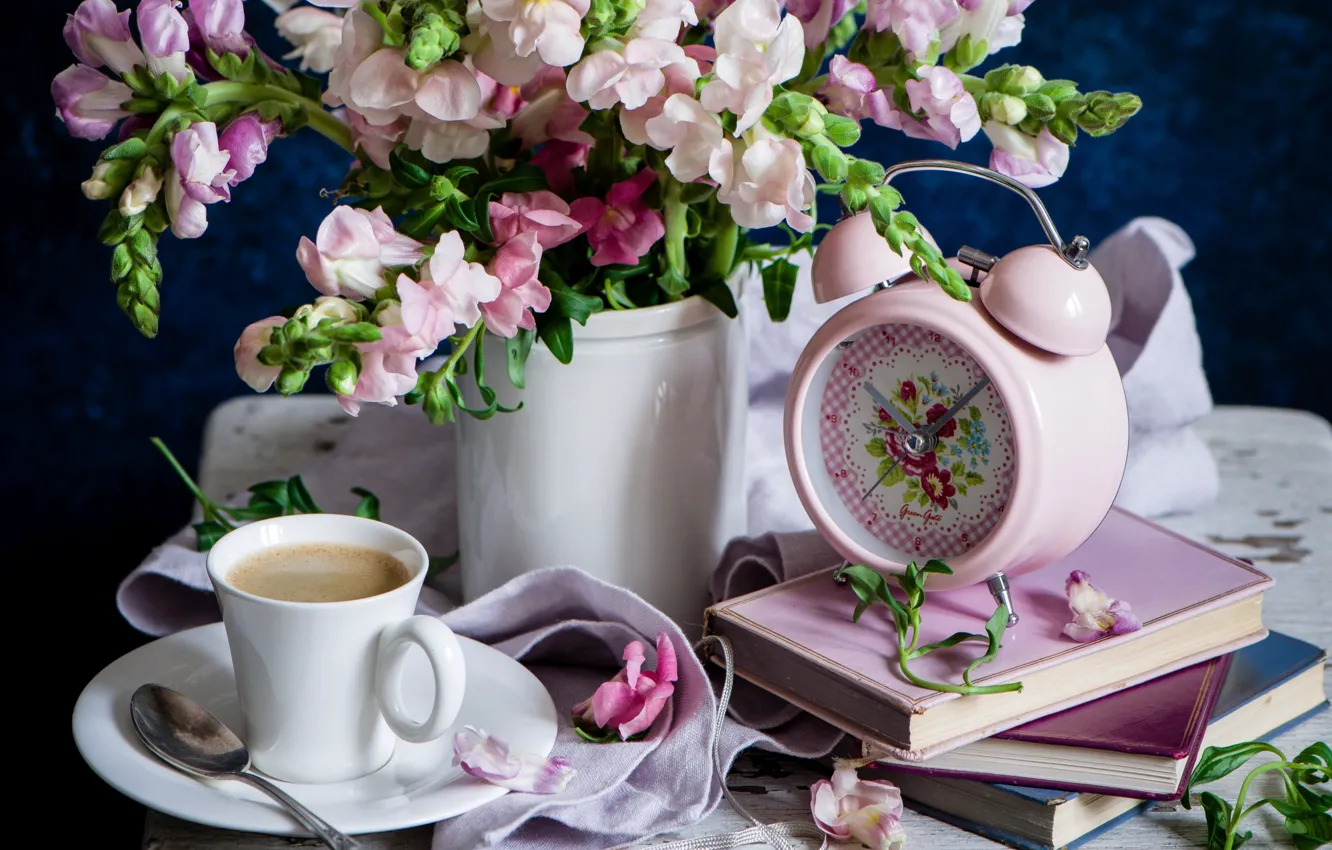 Photo wallpaper pink, watch, coffee, book, gillyflower