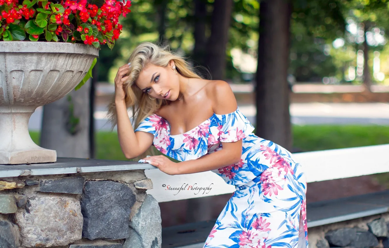 Photo wallpaper flowers, pose, model, portrait, makeup, figure, dress, hairstyle