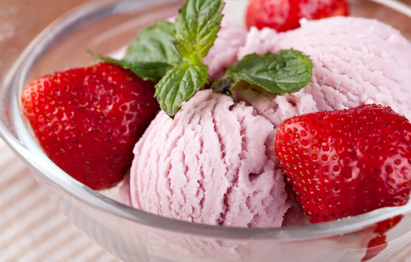 Photo wallpaper berries, strawberry, ice cream, sweets, mint, dessert
