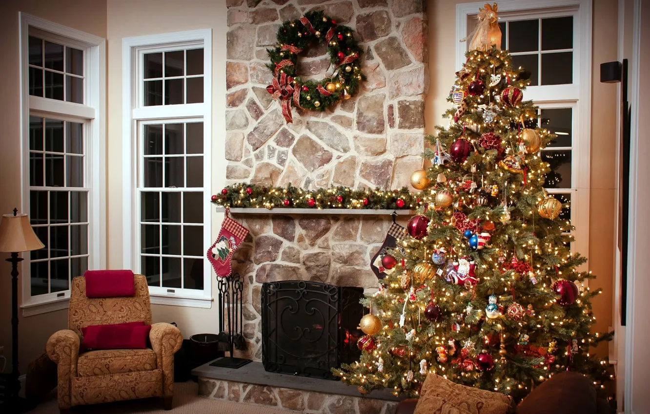Photo wallpaper decoration, house, balls, Windows, tree, New year, fireplace, garland