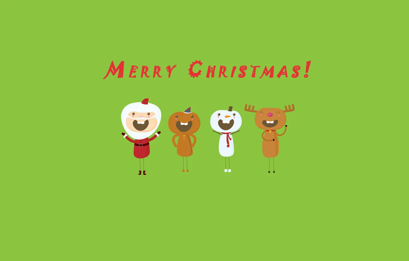 Photo wallpaper holiday, green, fun, deer, Christmas, snowman, new year, Santa Claus