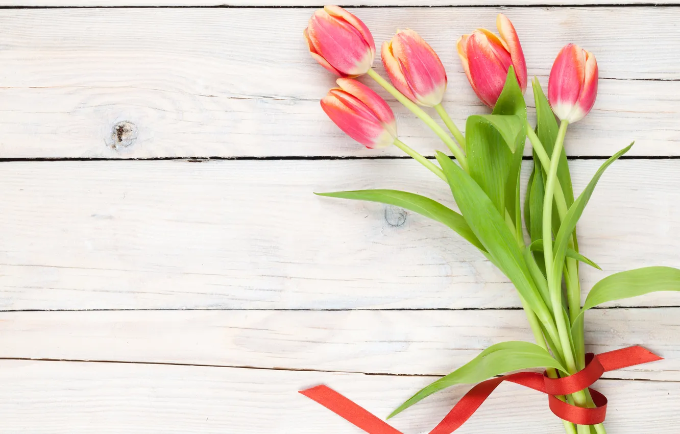 Photo wallpaper flowers, bouquet, tulips, red, wood, flowers, tulips, spring