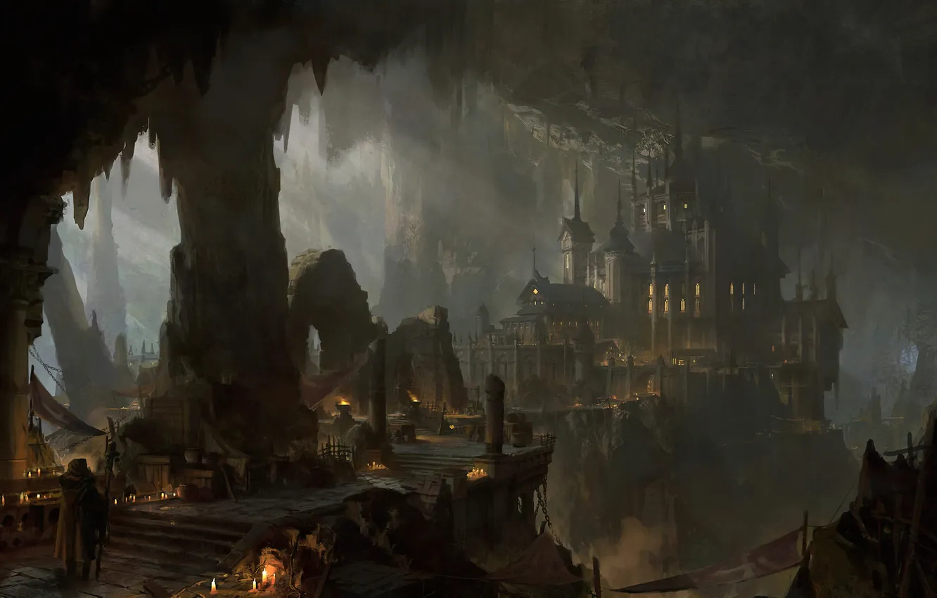 Photo wallpaper castle, fantasy, painting, adventure, the middle ages, traveler, dungeon, pesher