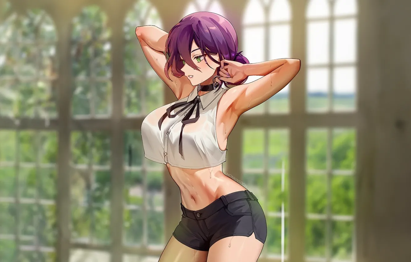Photo wallpaper green eyes, big boobs, sweat, anime girls, purple hair, armpits, wet body, choker