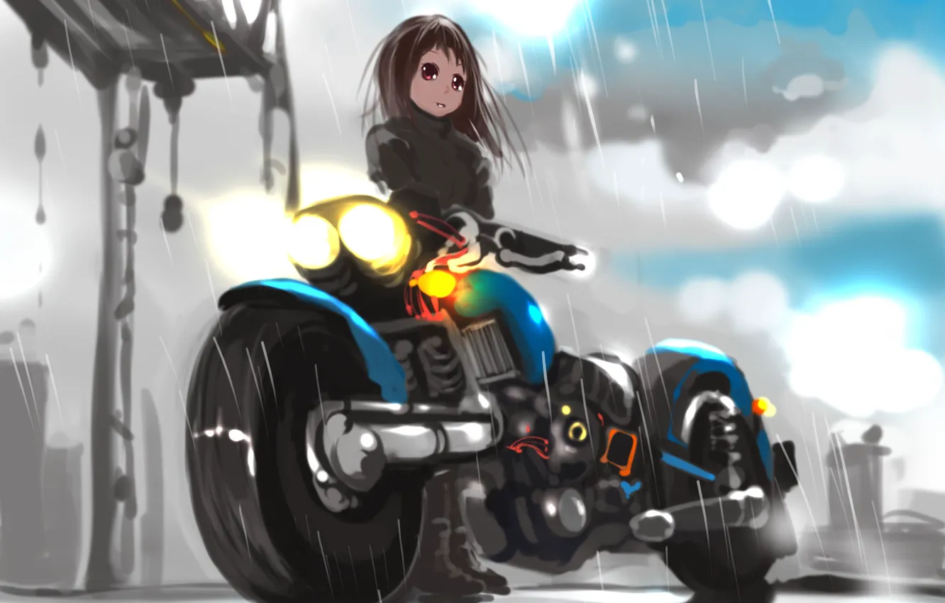 Photo wallpaper rain, anime, motorcycle