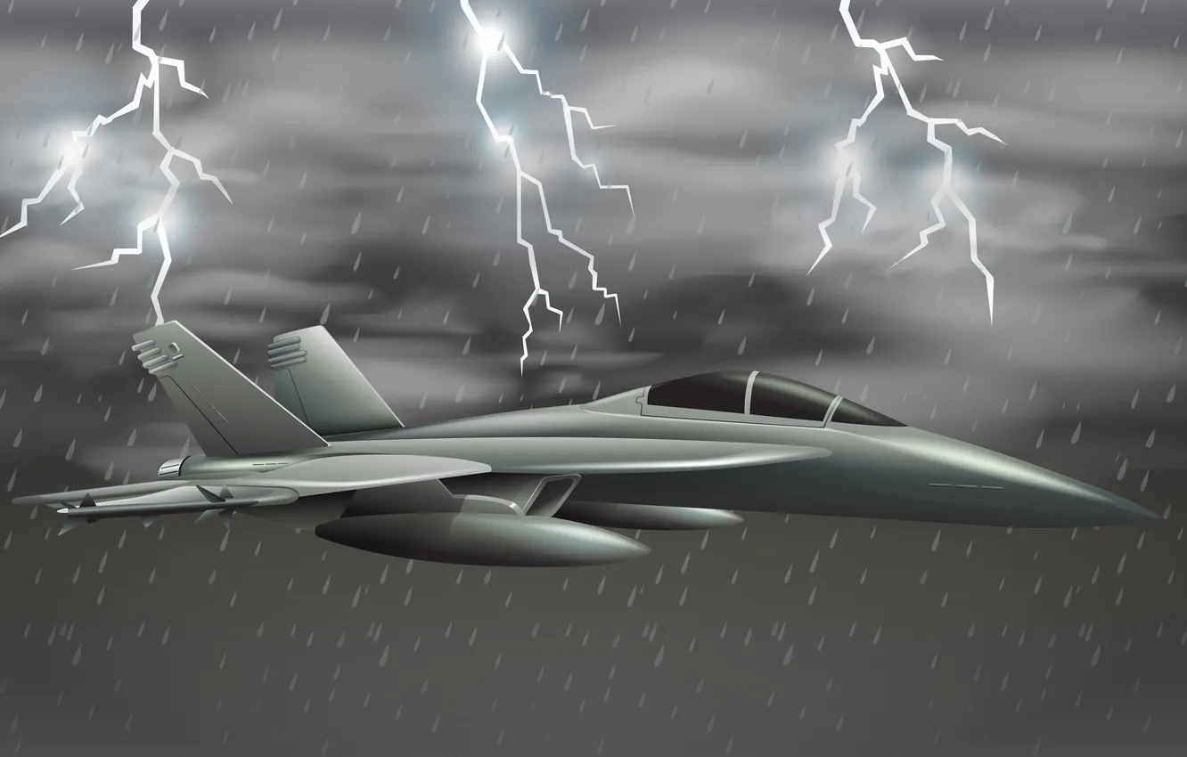 Photo wallpaper The plane, Lightning, Fighter, Rain, Clouds, Art