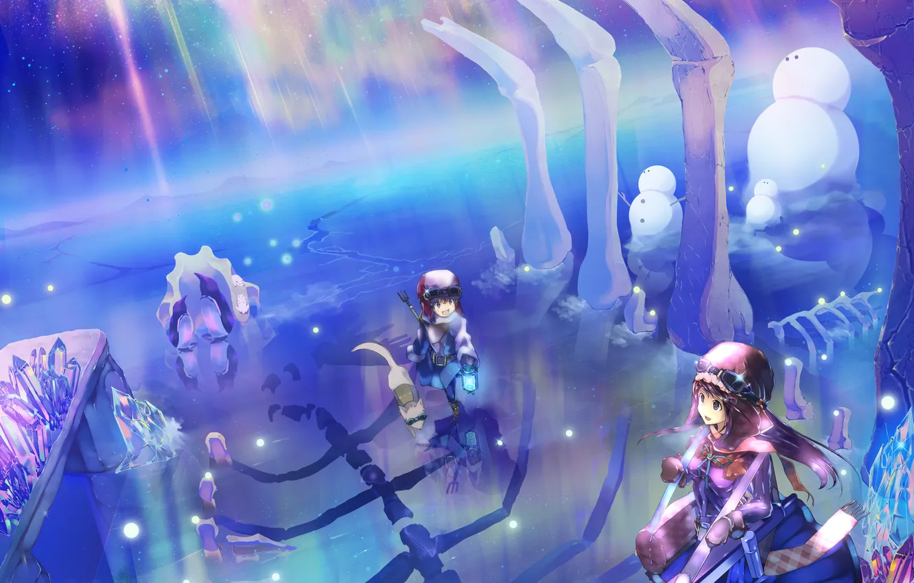 Photo wallpaper girl, dog, Northern lights, anime, art, skeleton, crystals, snowman