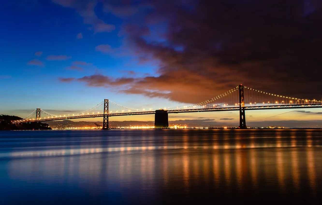Photo wallpaper bridge, the city, lights, reflection, river, dawn