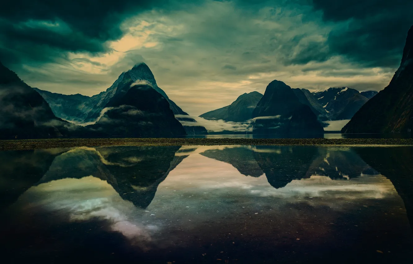 Photo wallpaper water, clouds, mountains, lake, reflection