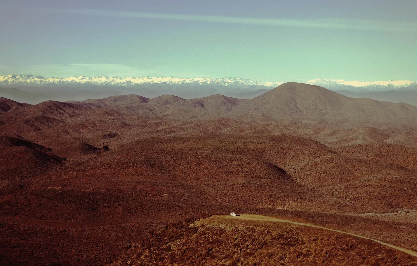 Photo wallpaper road, snow, mountains, desert, car, Dry