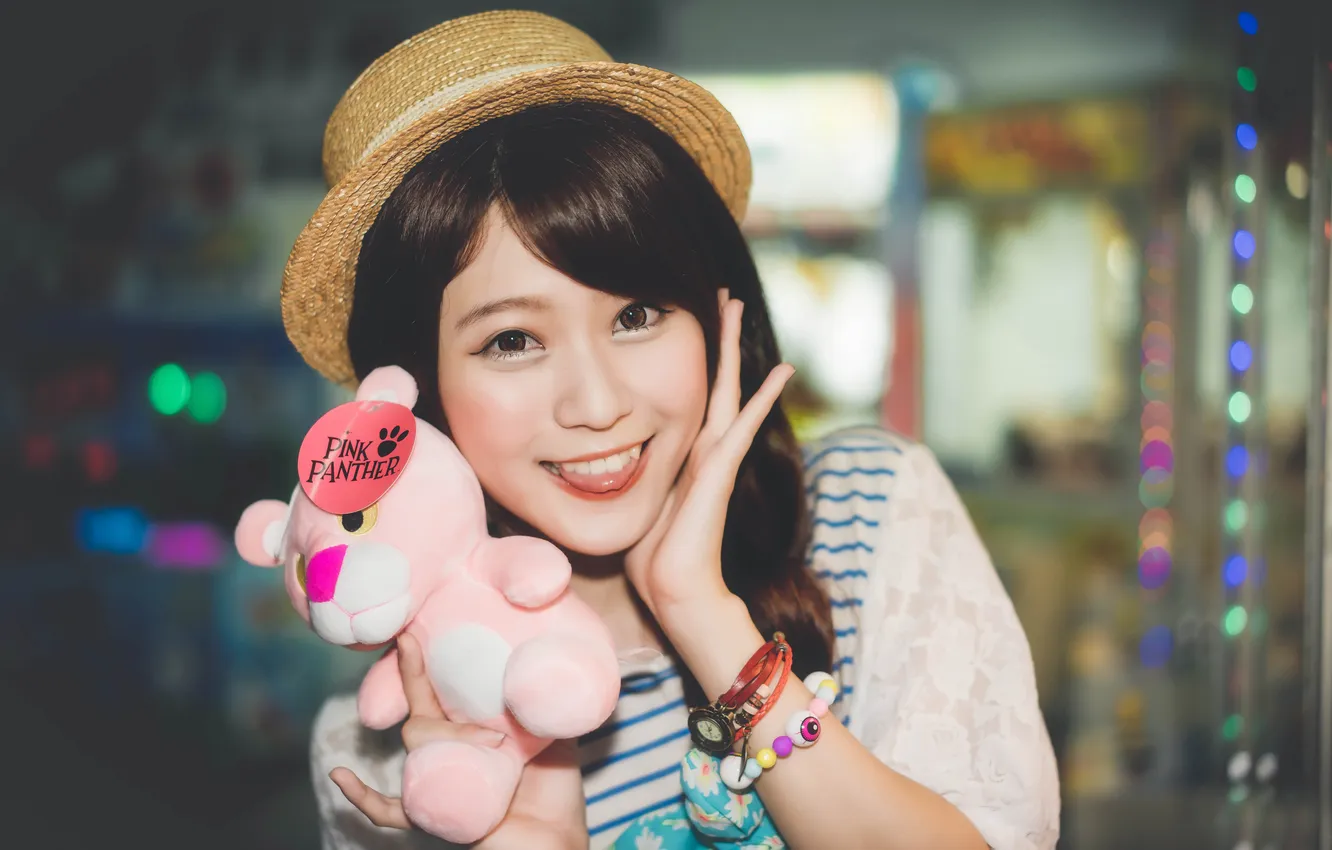 Photo wallpaper smile, toy, the pink Panther, Oriental girl