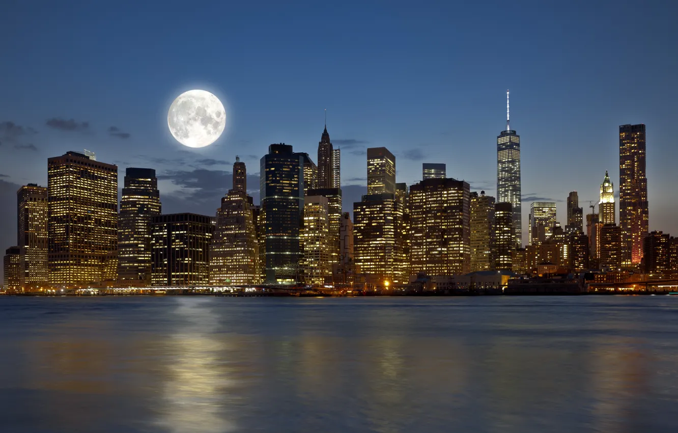 Photo wallpaper city, moon, USA, sky, ocean, night, New York, clouds