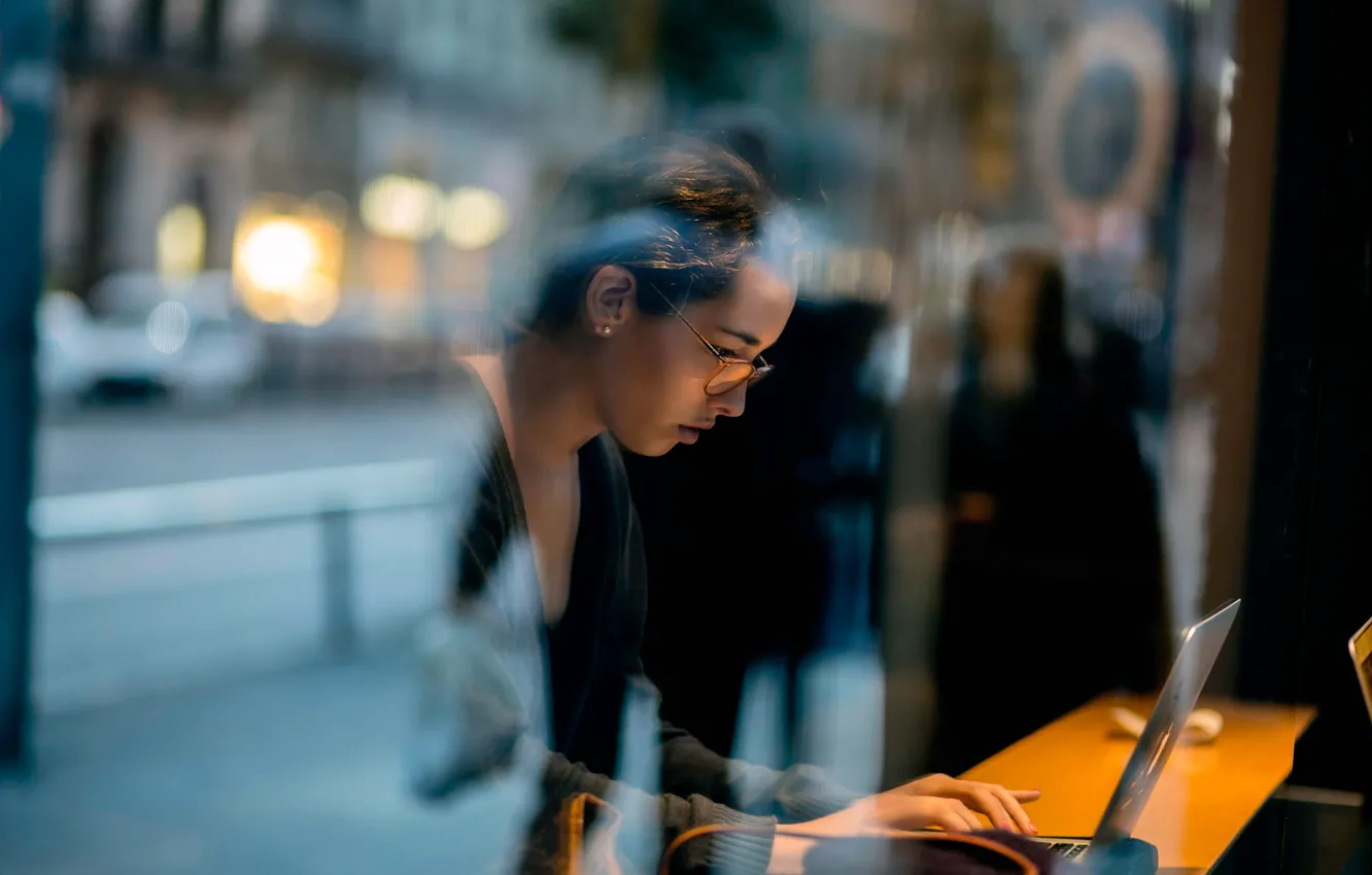 Photo wallpaper glass, girl, reflection, Deadline, laptop