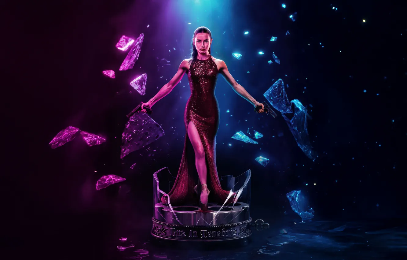 Photo wallpaper girl, fragments, gun, weapons, background, figure, dress, beauty