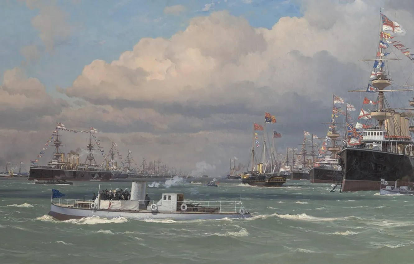 Photo wallpaper sea, ship, oil, Eduardo De Martino, Edoardo de Martino, The Naval Review at Spithead