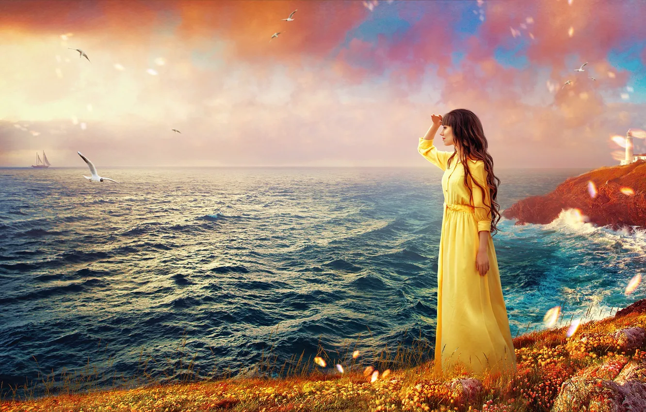 Photo wallpaper sea, the sky, look, girl, pose, bird, lighthouse, Ekaterina Skorobogatova