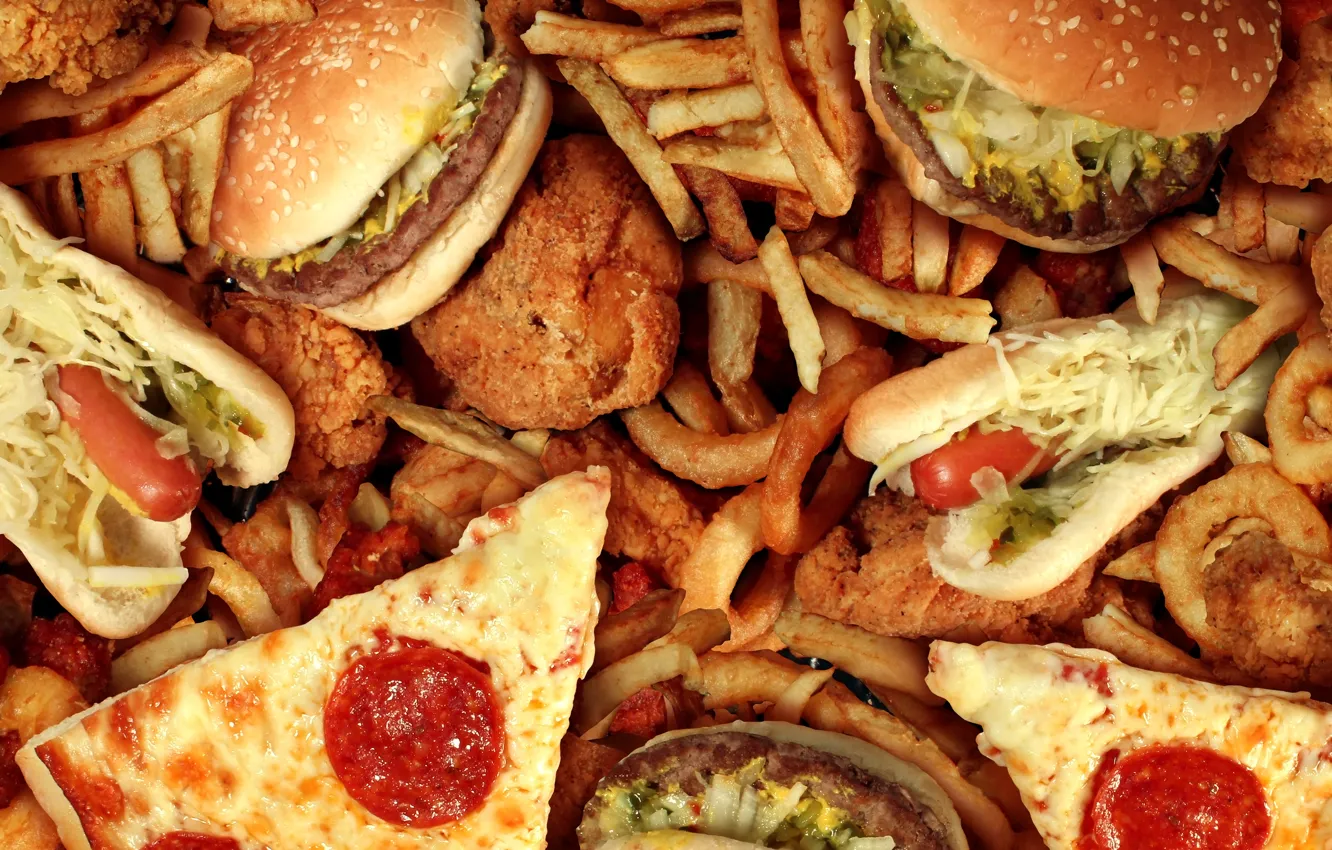 Photo wallpaper hamburger, sausage, hot dog, fast food, composition, appetizing, fries, calories