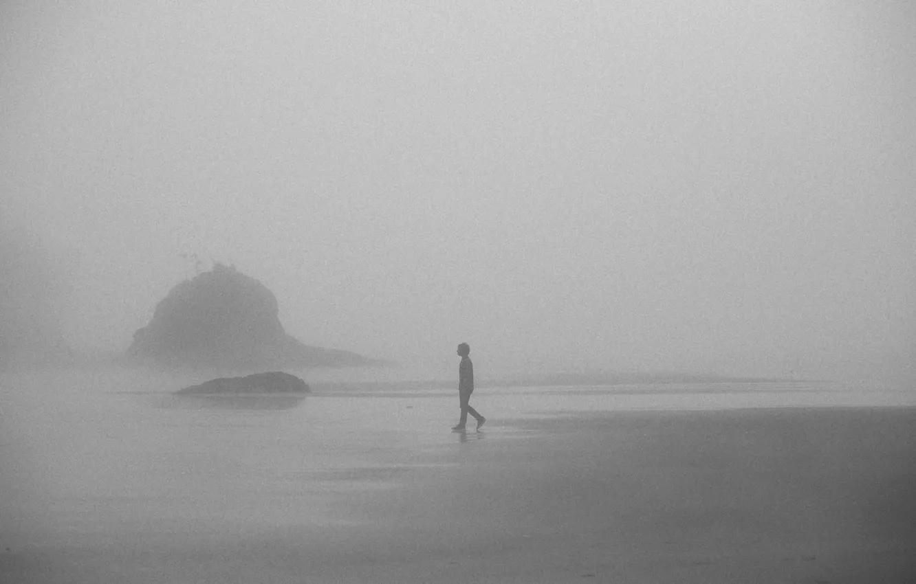 Photo wallpaper misty, beach, rocks, fog, boy, foggy, mist, walking