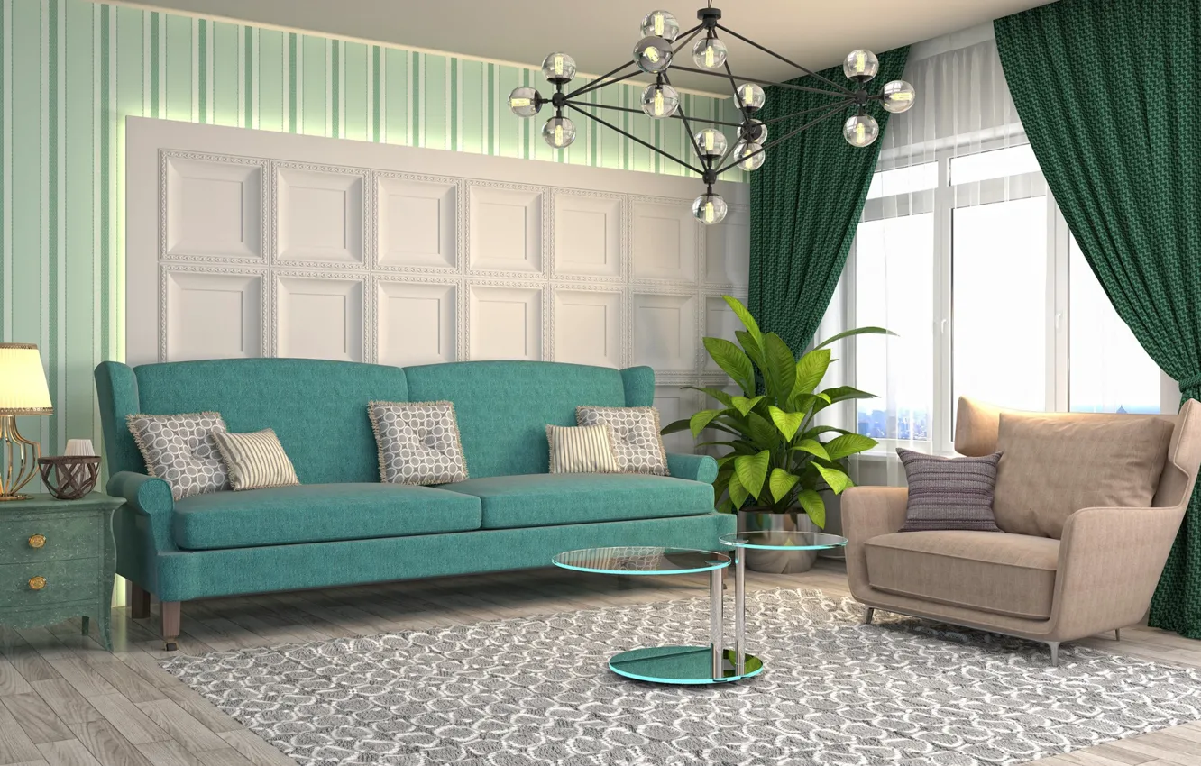 Photo wallpaper room, sofa, interior, living room
