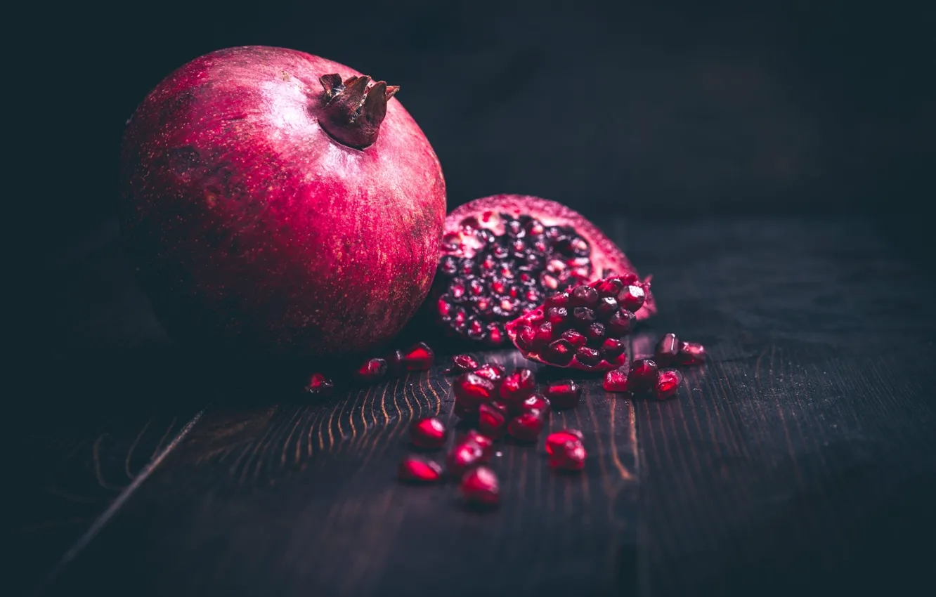Photo wallpaper light, the dark background, table, Board, placer, garnet, pomegranate grains