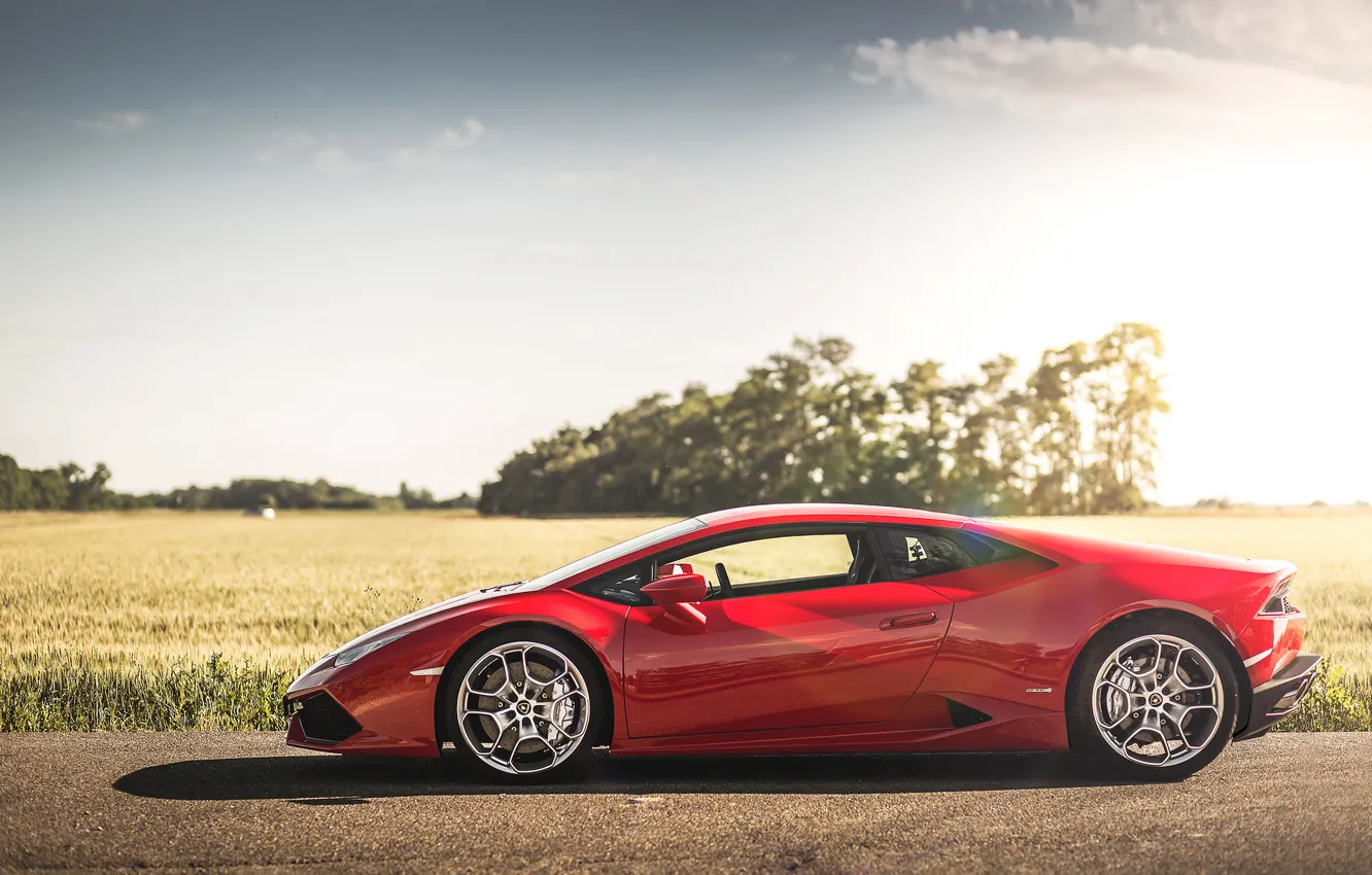 Photo wallpaper road, field, the sky, the sun, clouds, trees, shadow, Lamborghini