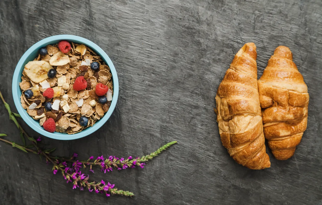 Photo wallpaper flowers, berries, Breakfast, croissant, muesli