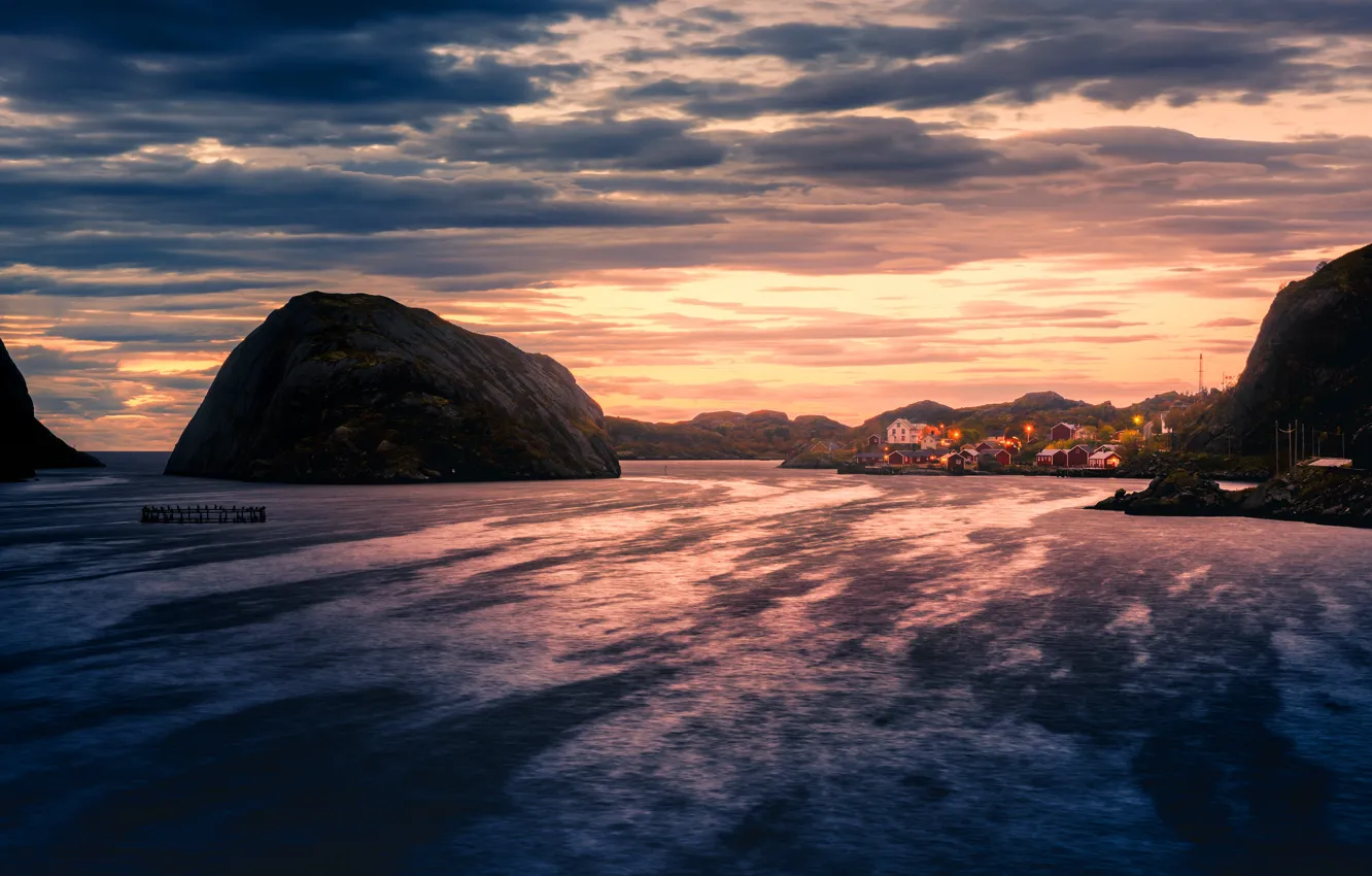 Photo wallpaper sea, the sky, clouds, sunset, mountains, clouds, the city, lights