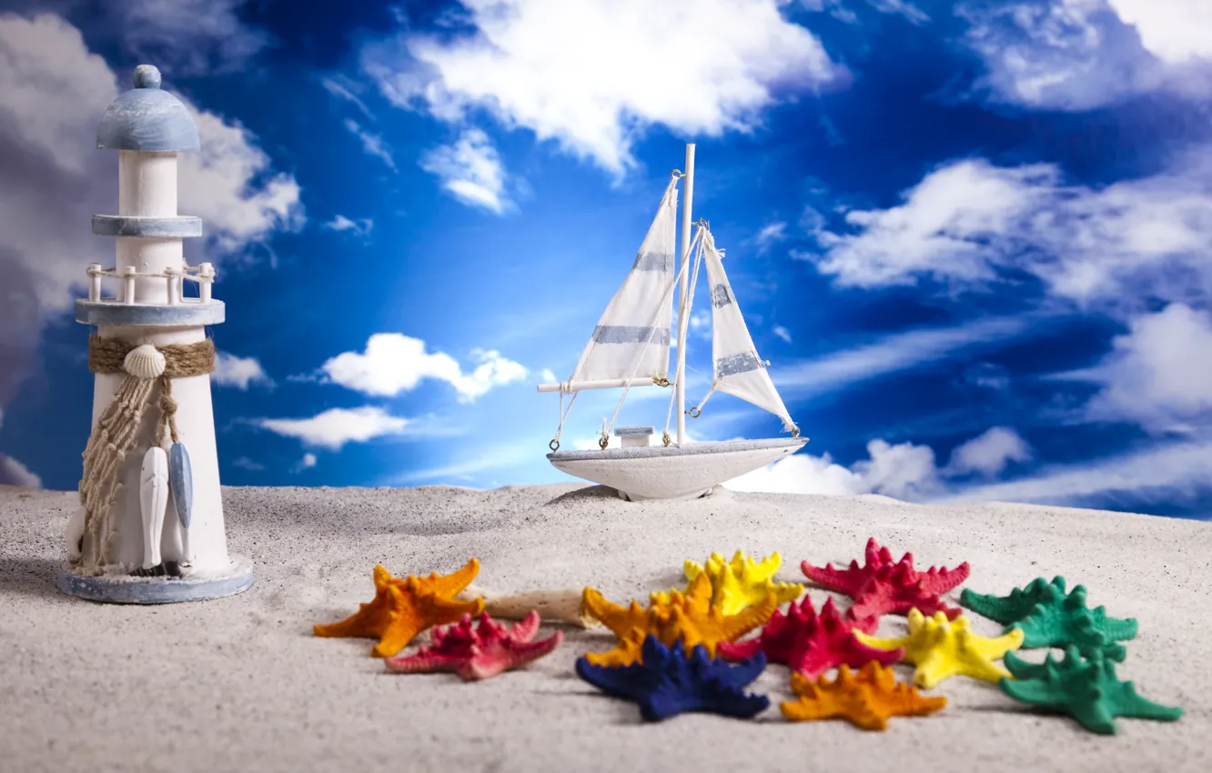 Photo wallpaper sand, the sky, clouds, lighthouse, boat, layout, marine zohdy