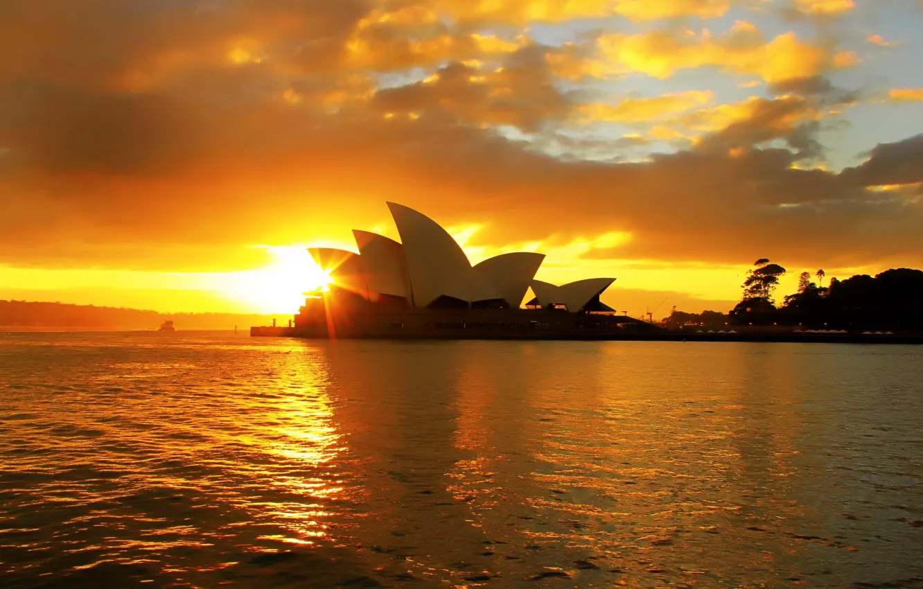 Photo wallpaper clouds, sunset, Australia, theatre, Sydney, Australia, water., sity