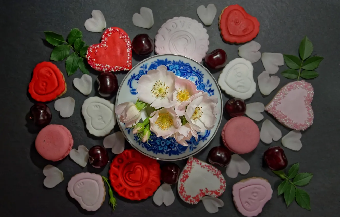 Photo wallpaper leaves, flowers, cherry, petals, cookies, briar, hearts, a lot