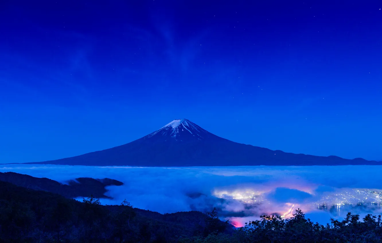 Photo wallpaper landscape, mountains, night, lights, the volcano, Japan, Fuji