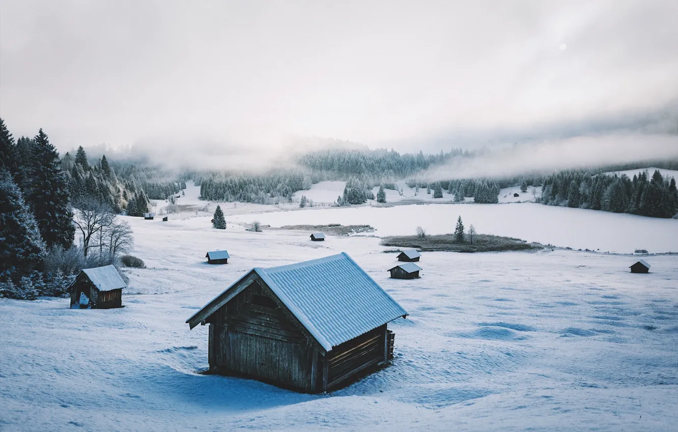 Photo wallpaper winter, snow, valley, Alps, houses, forest